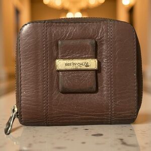 See By Chloé Brown Leather Compact Zippy Card Wallet 4.1"x3"